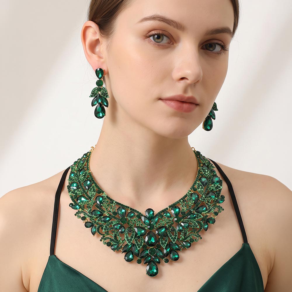 Madeline Love Emerald, Gold Teardrop Stone Accented Leaf Evening Necklace