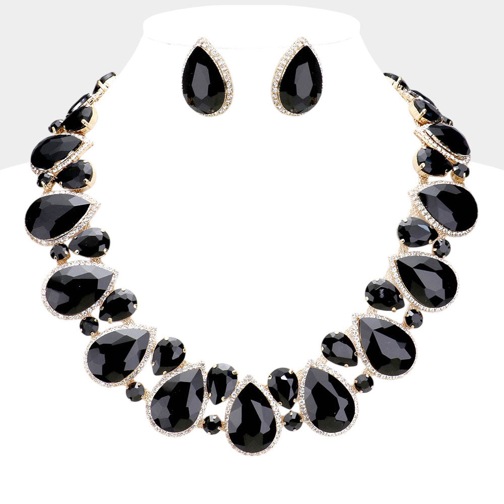 Madeline Love Black Crystal Rhinestone Trim Teardrop Collar Evening Necklace