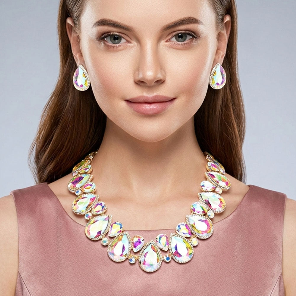 Madeline Love AB, Clear, Gold Crystal Rhinestone Trim Teardrop Collar Evening Necklace