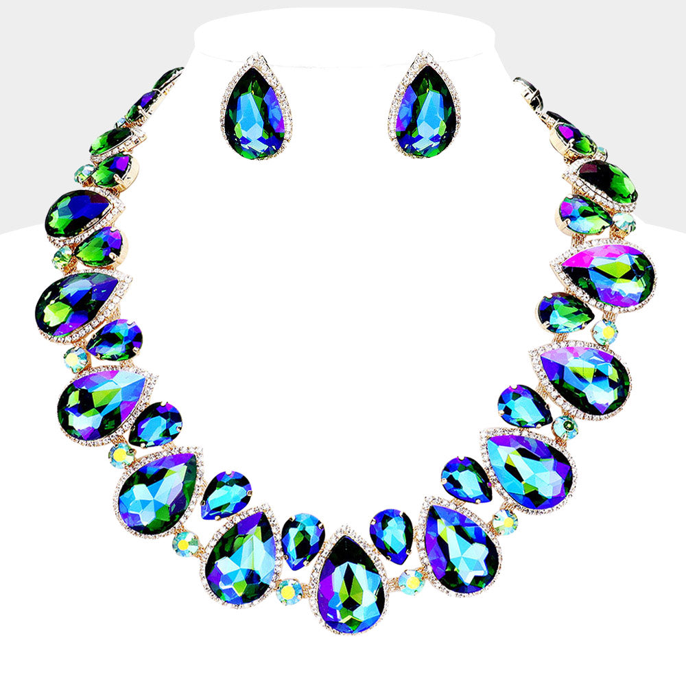 Madeline Love AB, Green Crystal Rhinestone Trim Teardrop Collar Evening Necklace