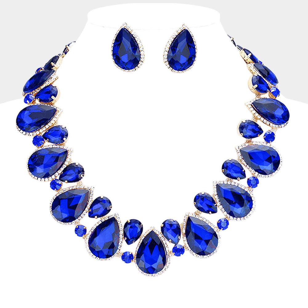 Madeline Love Montana Blue Crystal Rhinestone Trim Teardrop Collar Evening Necklace