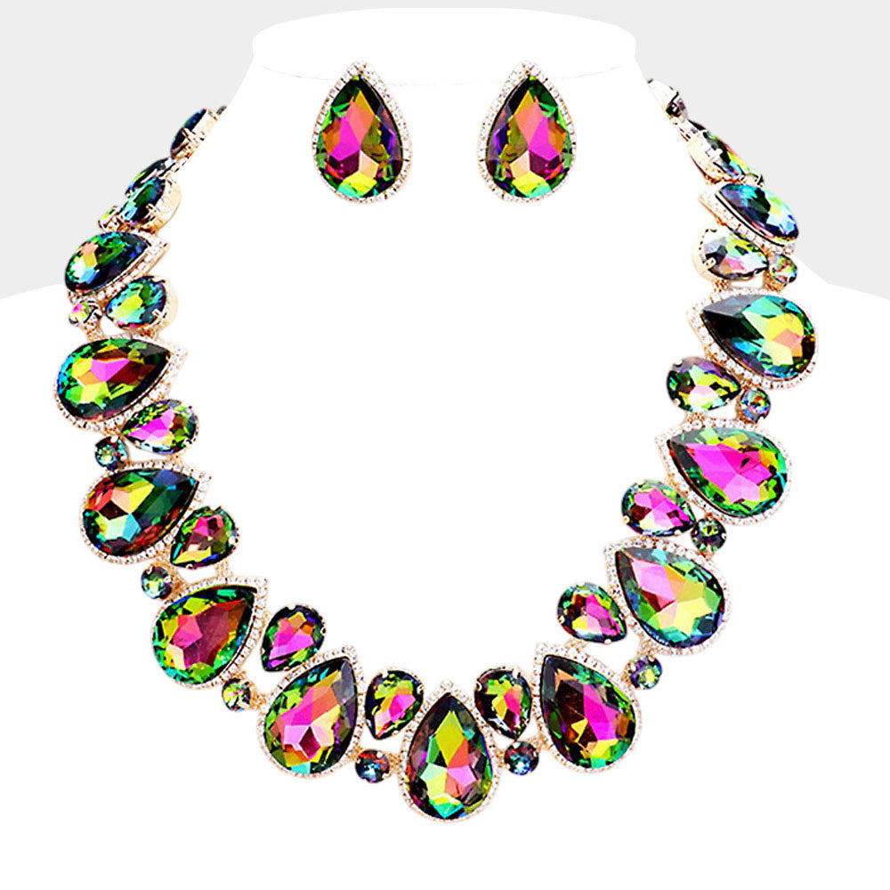 Madeline Love Vitrail Medium Crystal Rhinestone Trim Teardrop Collar Evening Necklace