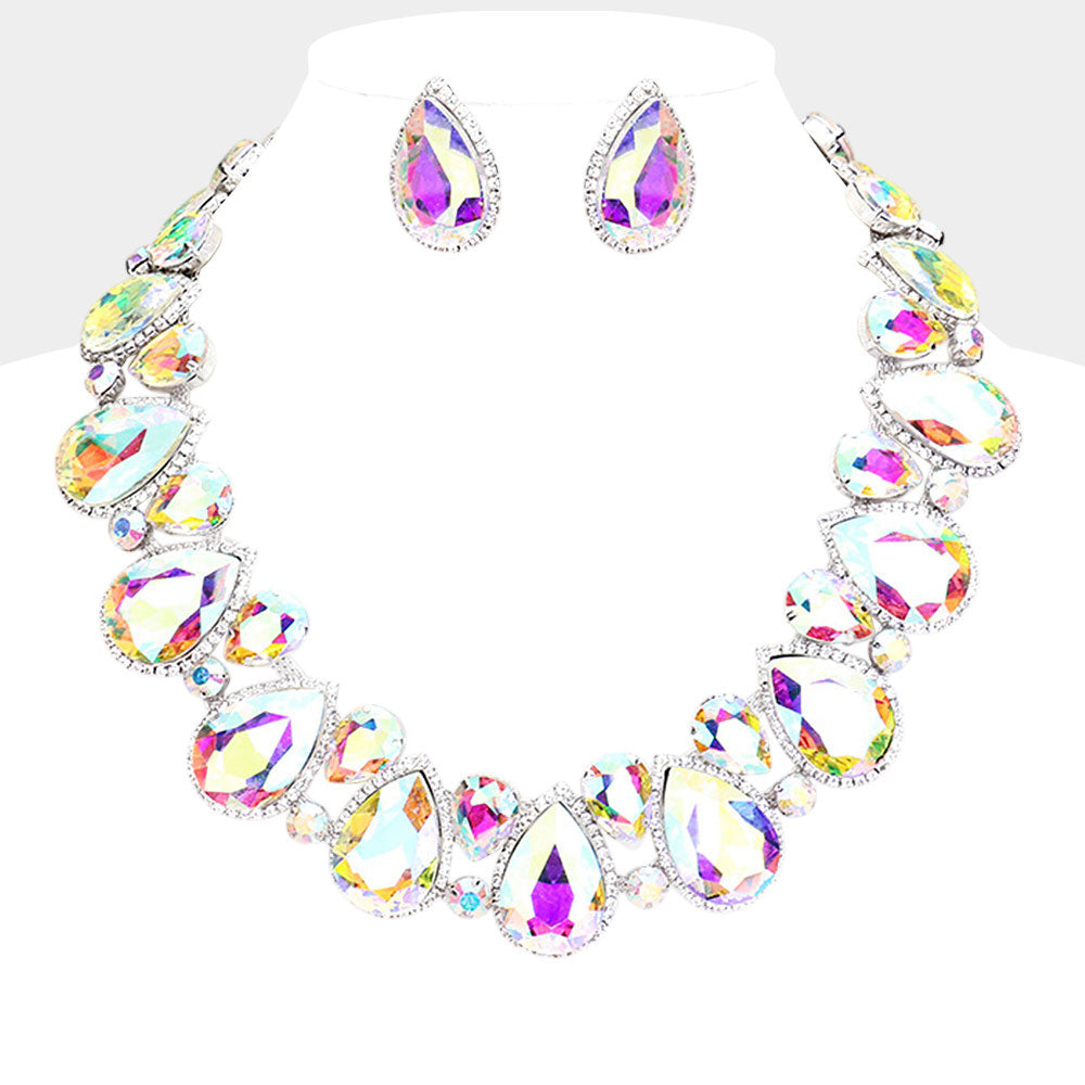 Madeline Love AB, Rhodium Crystal Rhinestone Trim Teardrop Collar Evening Necklace