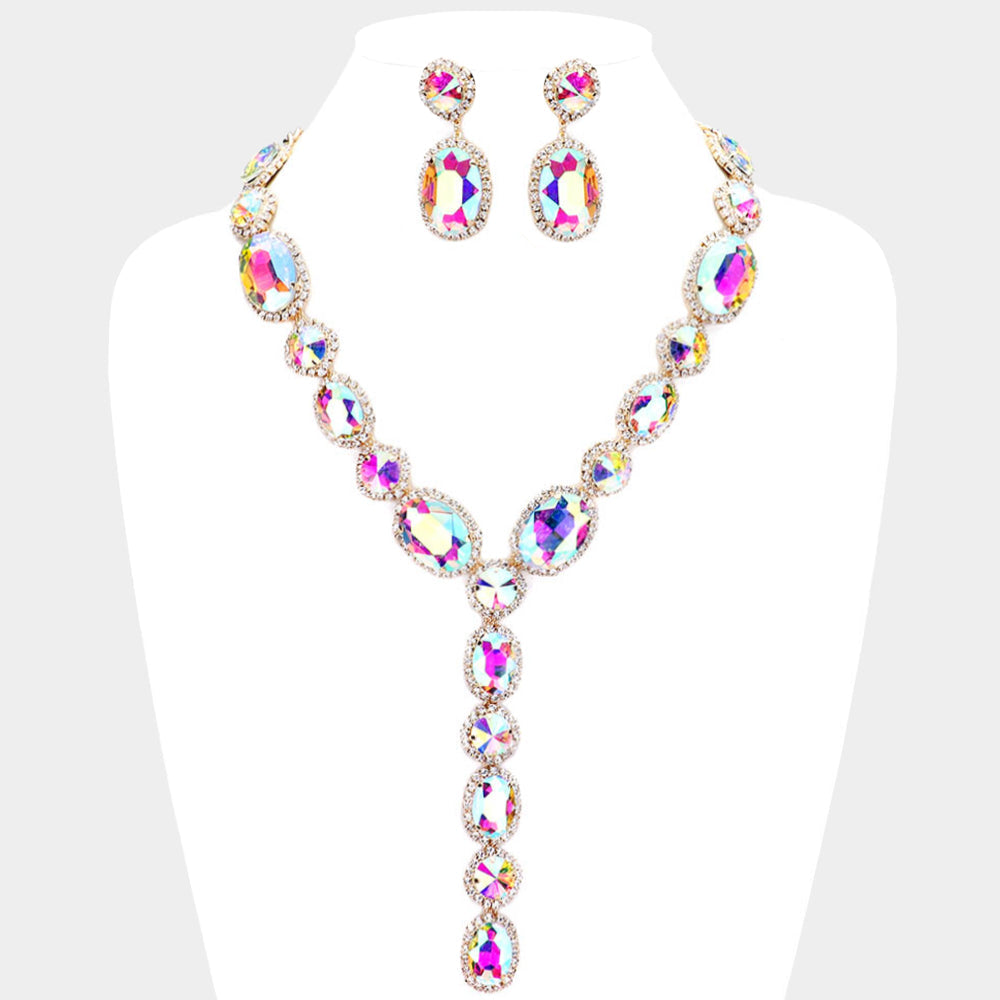 Madeline Love AB, Clear, Gold Glass Crystal Rhinestone Y Evening Necklace
