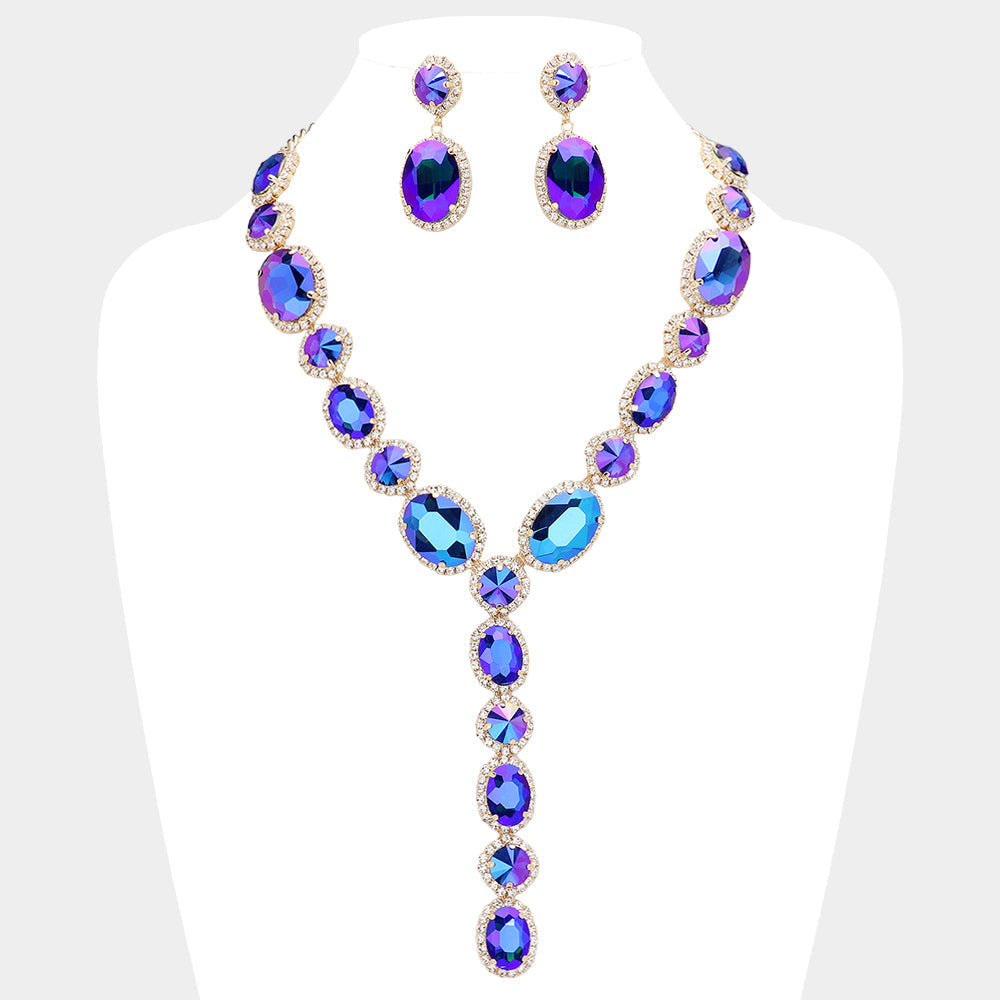 Madeline Love AB, Blue, Gold Glass Crystal Rhinestone Y Evening Necklace