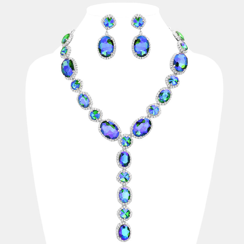 Madeline Love AB, Green Glass Crystal Rhinestone Y Evening Necklace