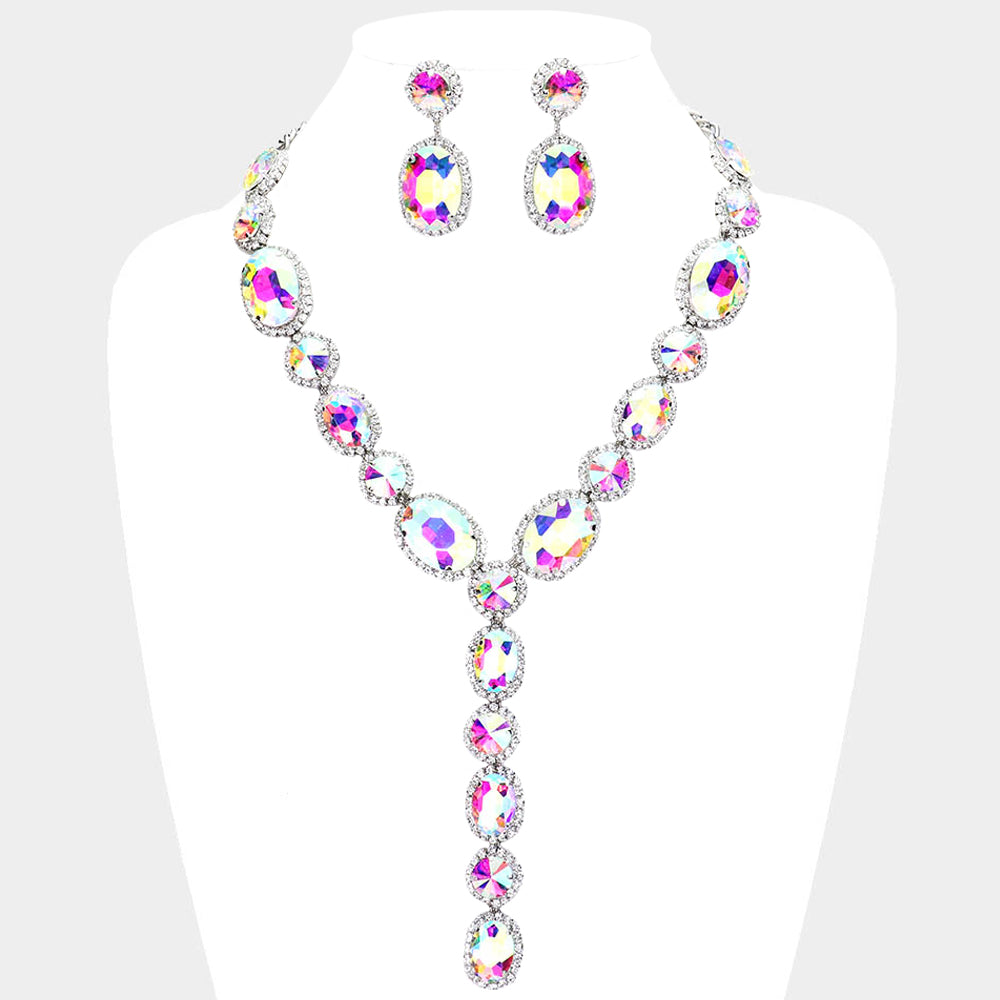 Madeline Love AB, Clear, Rhodium Glass Crystal Rhinestone Y Evening Necklace