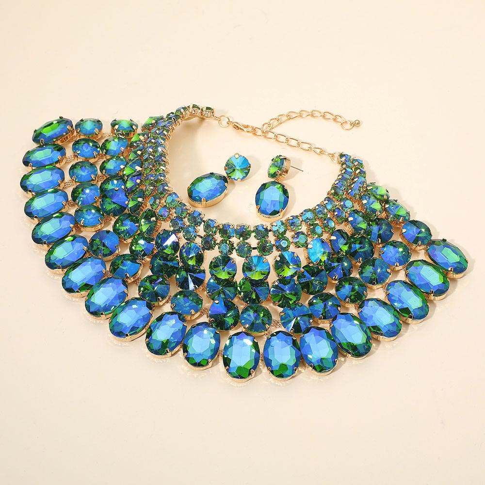 Madeline Love AB, Green Crystal Glass Bib Statement Necklace