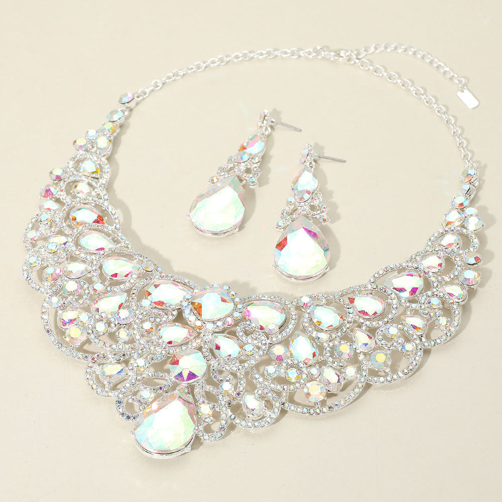 Madeline Love AB, Silver Teardrop Stone Cluster Embellished Collar Evening Necklace