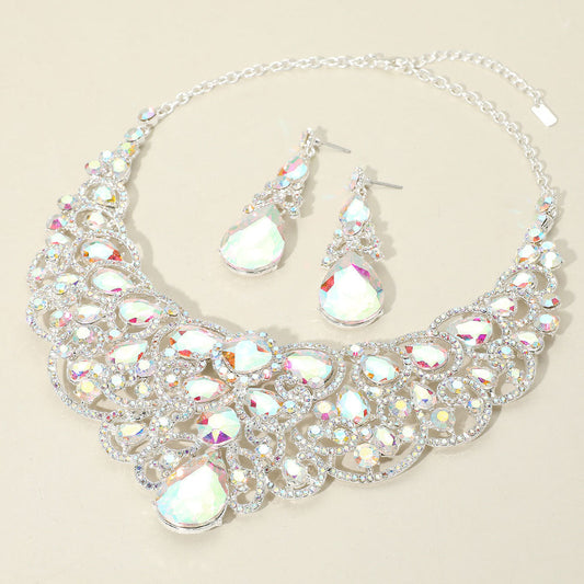 Madeline Love AB, Silver Teardrop Stone Cluster Embellished Collar Evening Necklace