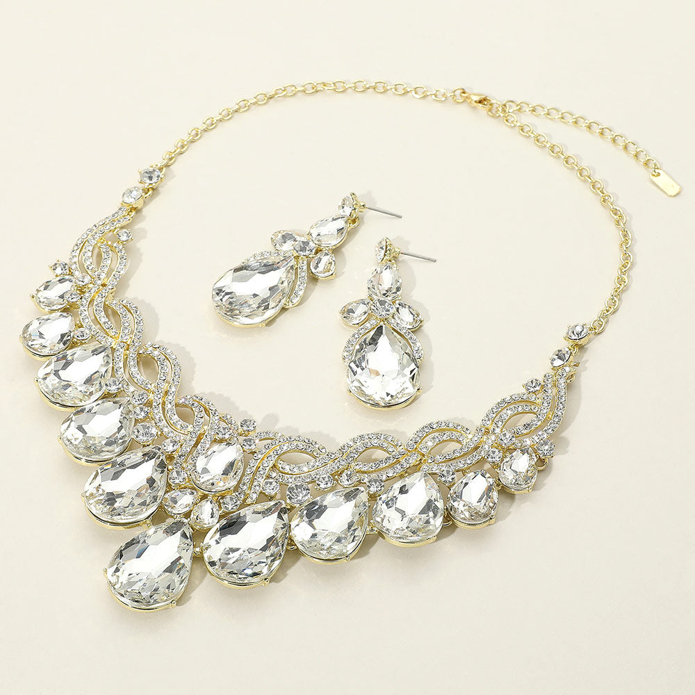 Clear, Gold Teardrop Glass Stone Cluster Embellished Evening Necklace