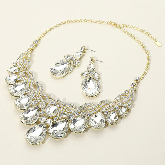 Clear, Gold Teardrop Glass Stone Cluster Embellished Evening Necklace