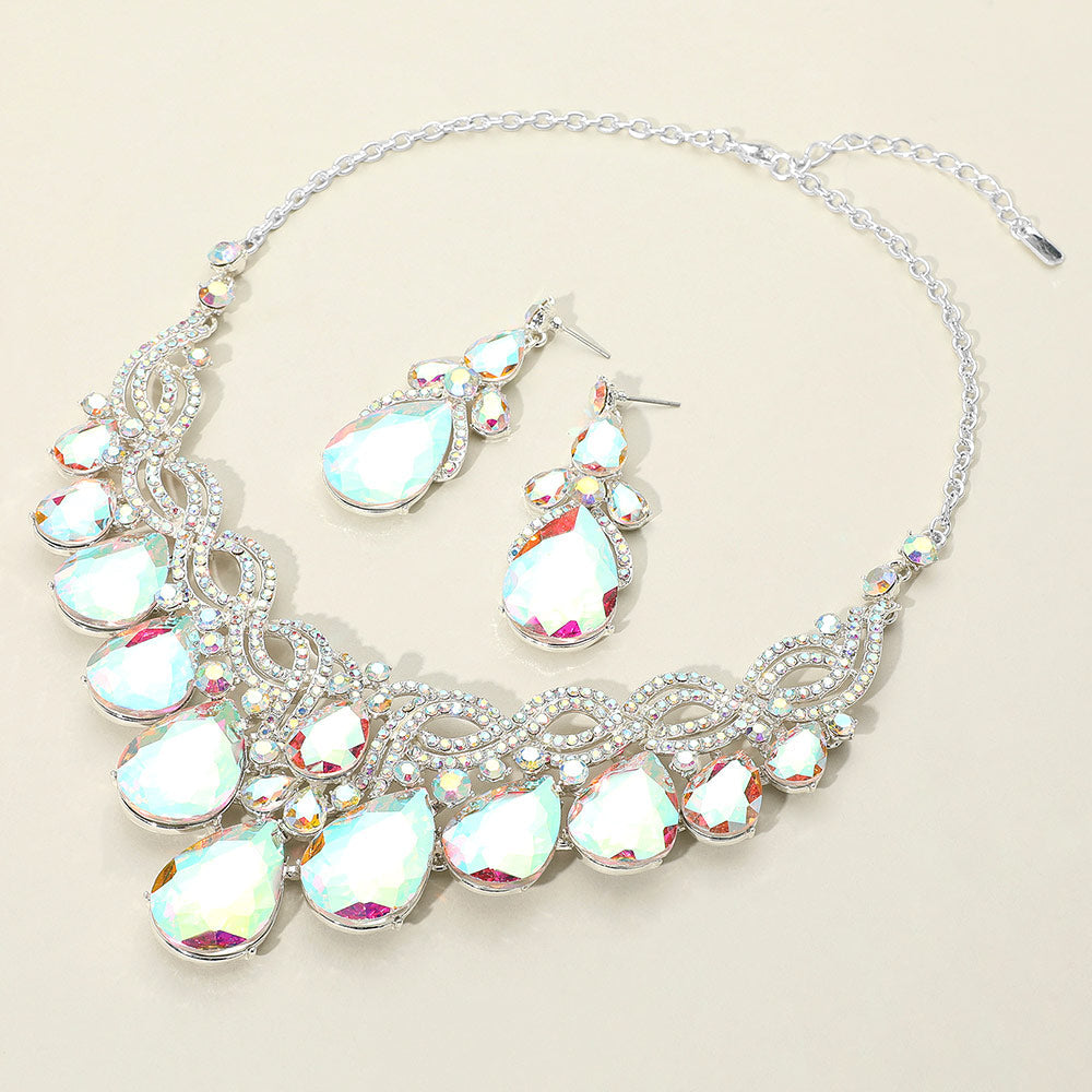 AB, Silver Teardrop Glass Stone Cluster Embellished Evening Necklace