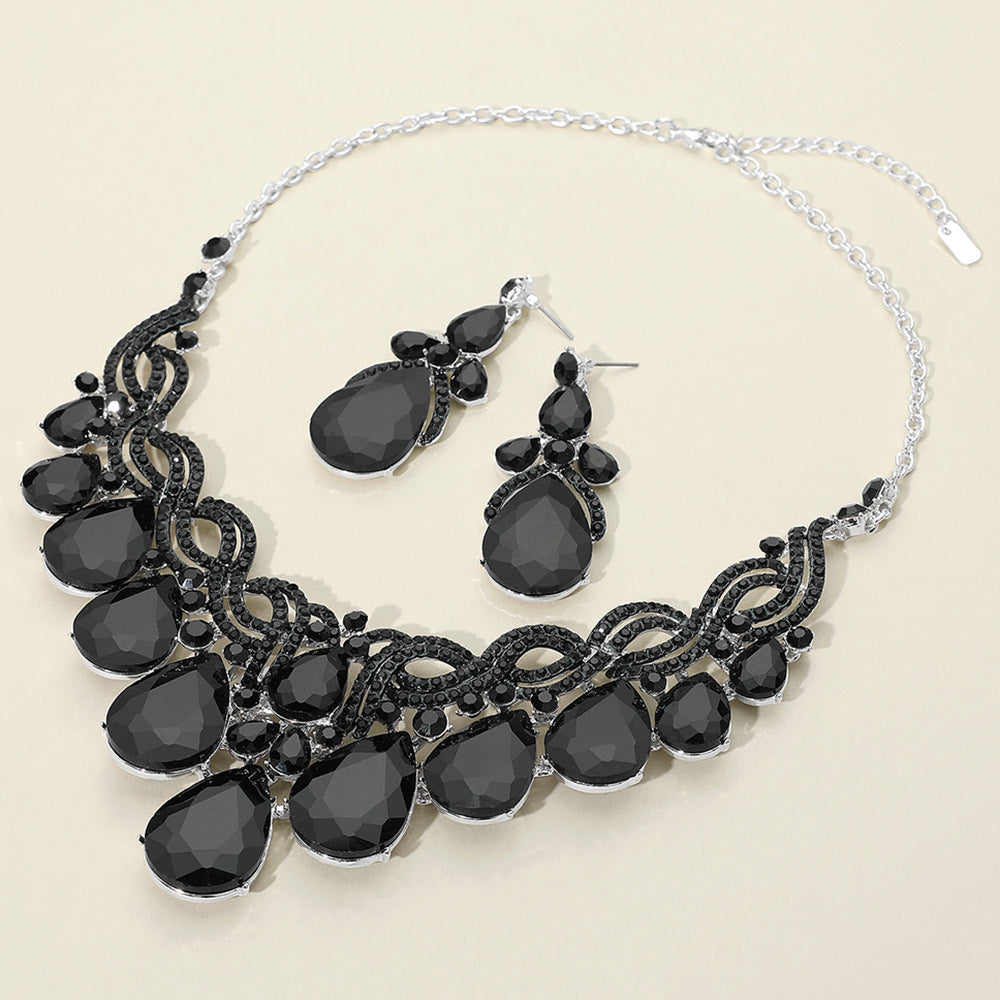 Black, Silver Teardrop Glass Stone Cluster Embellished Evening Necklace