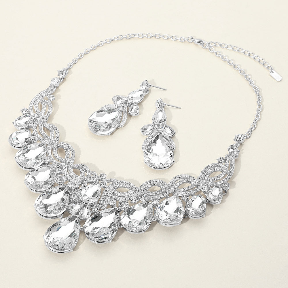 Clear, Silver Teardrop Glass Stone Cluster Embellished Evening Necklace
