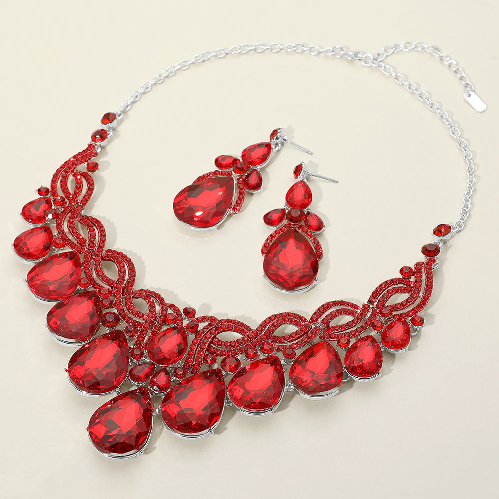 Red, Silver Teardrop Glass Stone Cluster Embellished Evening Necklace