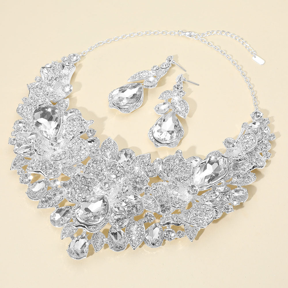 Madeline Love Clear, Silver Teardrop Stone Cluster Accent Rhinestone Paved Floral Embellished Collar Statement Evening Necklace