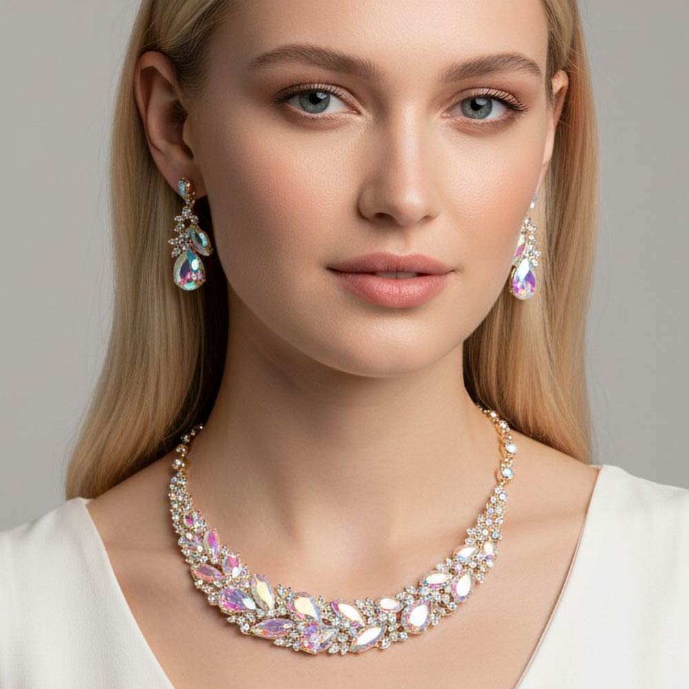 Madeline Love AB, Gold Marquise Stone Cluster Embellished Evening Necklace