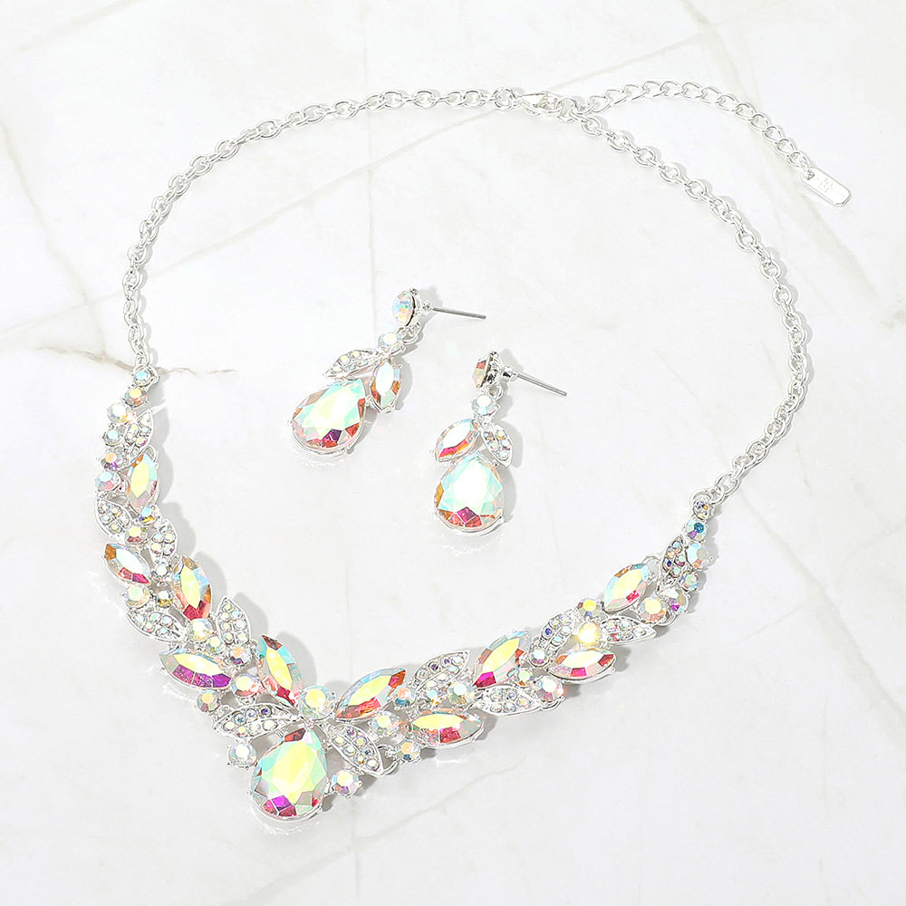 Madeline Love AB, Silver Teardrop Marquise Stone Cluster Embellished Evening Necklace