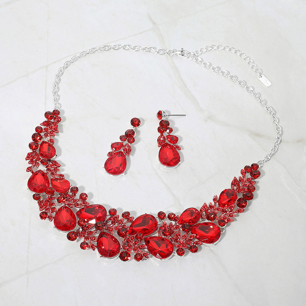 Madeline Love Red, Silver Teardrop Stone Cluster Leaf Branch Embellished Evening Necklace