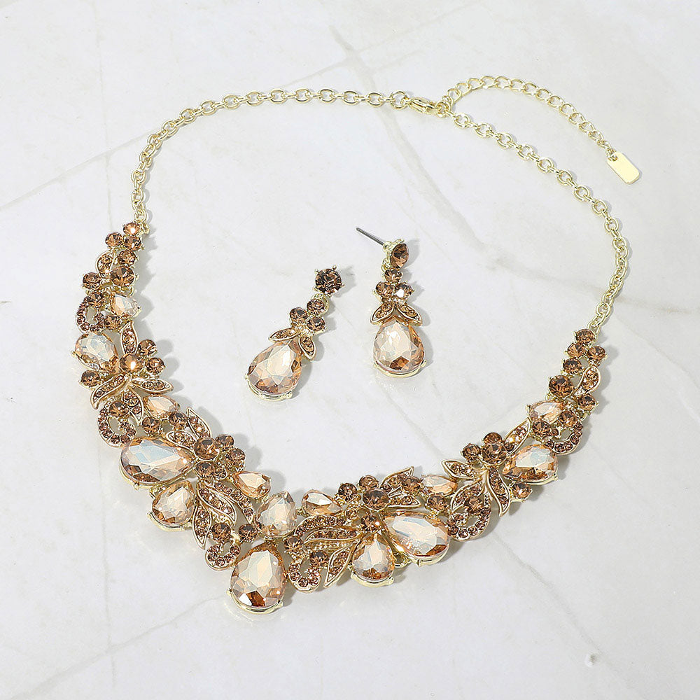 Madeline Love Gold, Lt Col Topaz Teardrop Stone Cluster Floral Embellished Evening Necklace