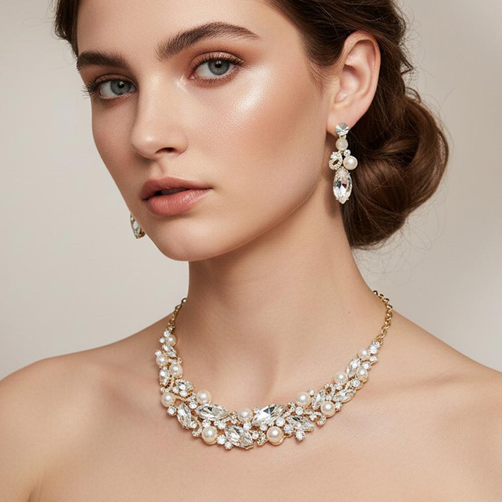 Madeline Love Cream, Gold Marquise Crystal Pearl Embellished Evening Necklace