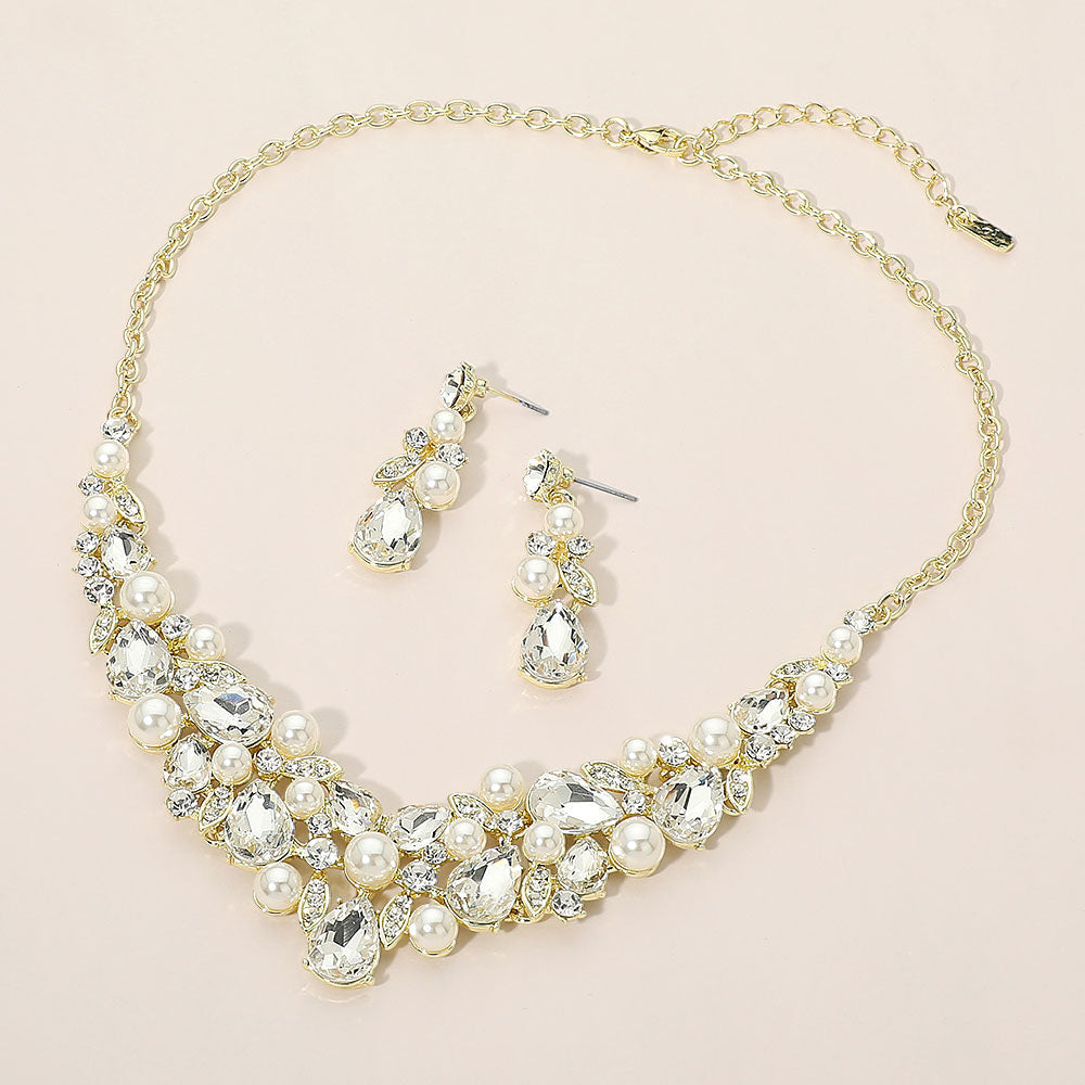 Madeline Love Cream, Gold Teardrop Crystal Pearl Embellished Evening Necklace