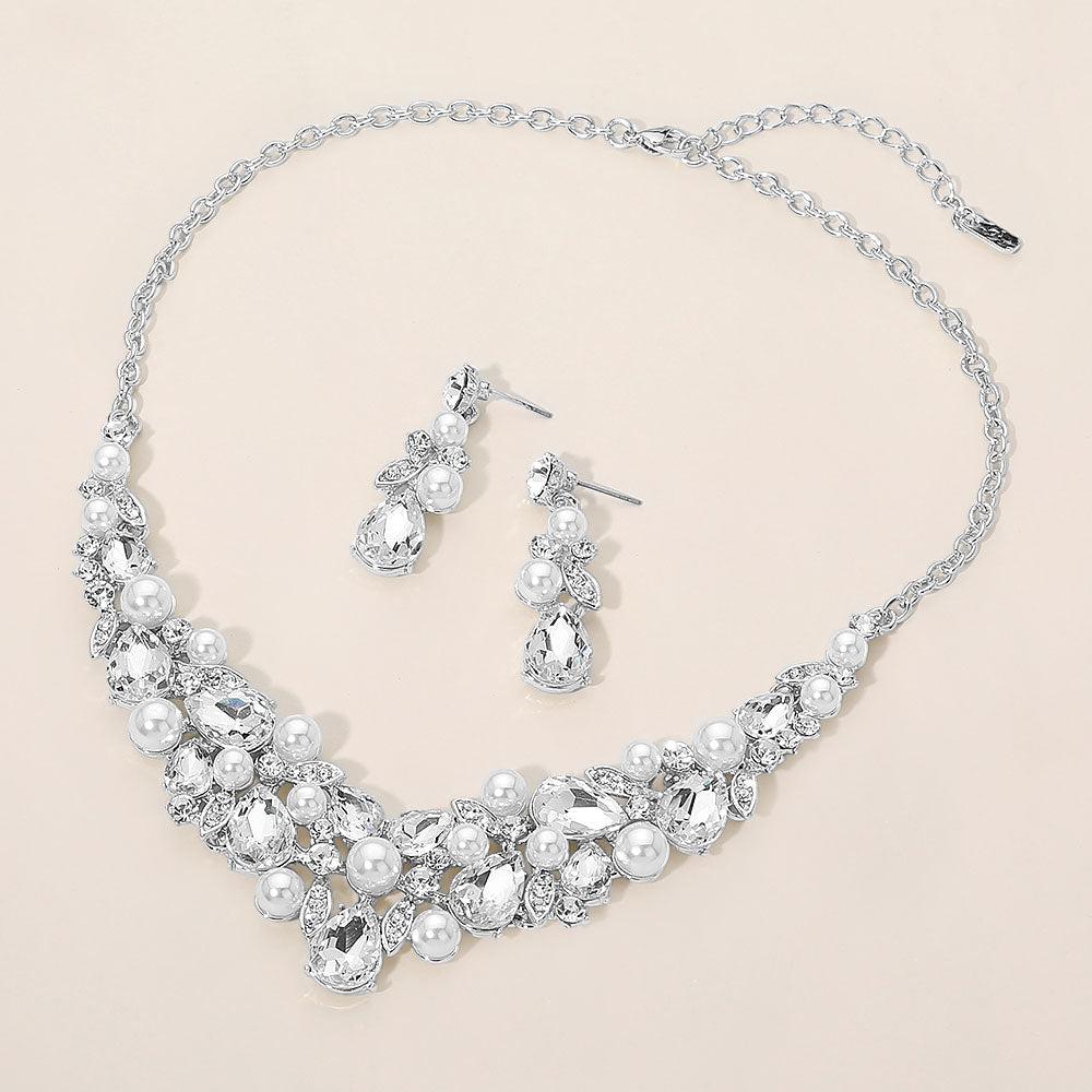 Madeline Love Silver, White Teardrop Crystal Pearl Embellished Evening Necklace