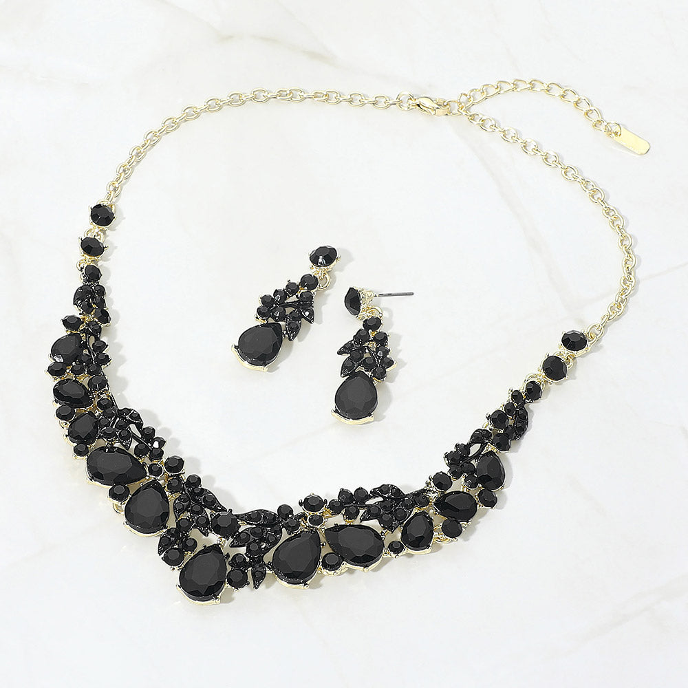Madeline Love Black, Gold Teardrop Stone Cluster Rhinestone Leaf Vine Evening Necklace