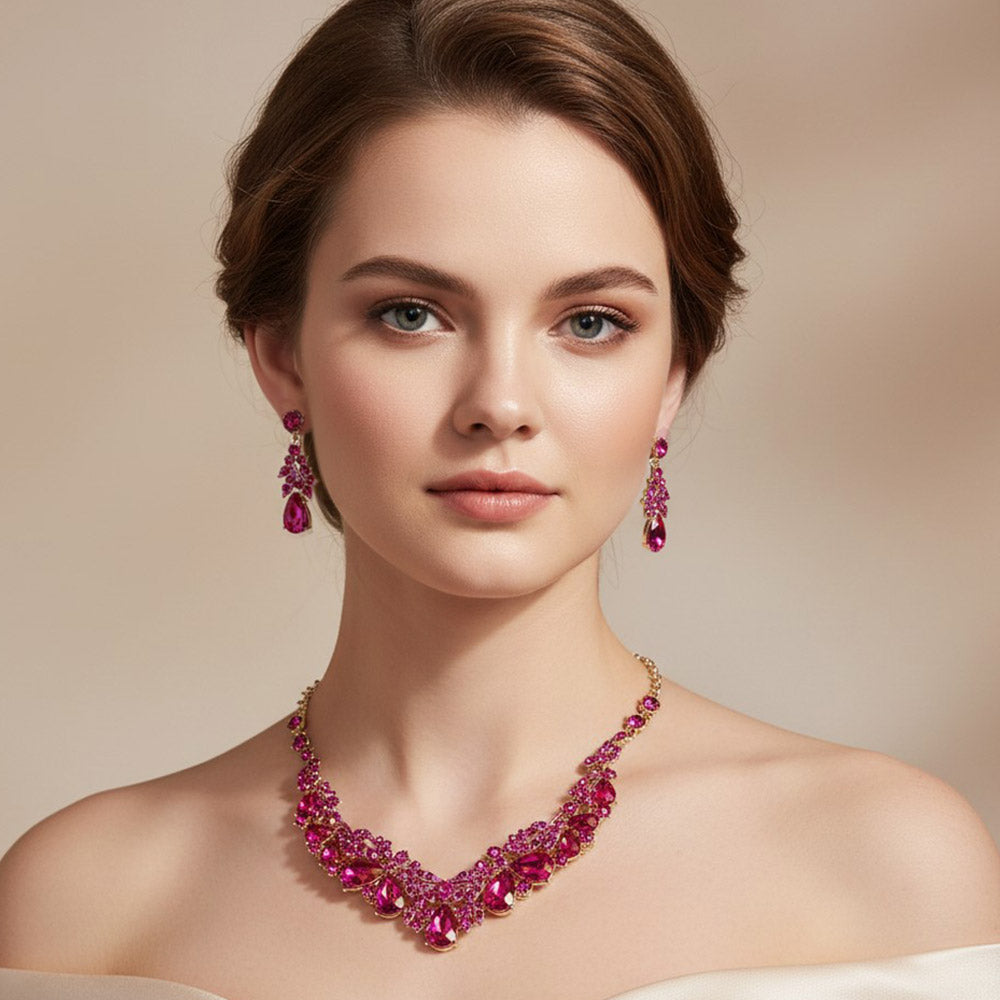 Madeline Love Fuchsia, Gold Teardrop Stone Cluster Rhinestone Leaf Vine Evening Necklace