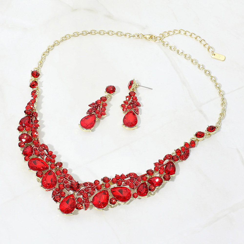 Madeline Love Gold, Red Teardrop Stone Cluster Rhinestone Leaf Vine Evening Necklace