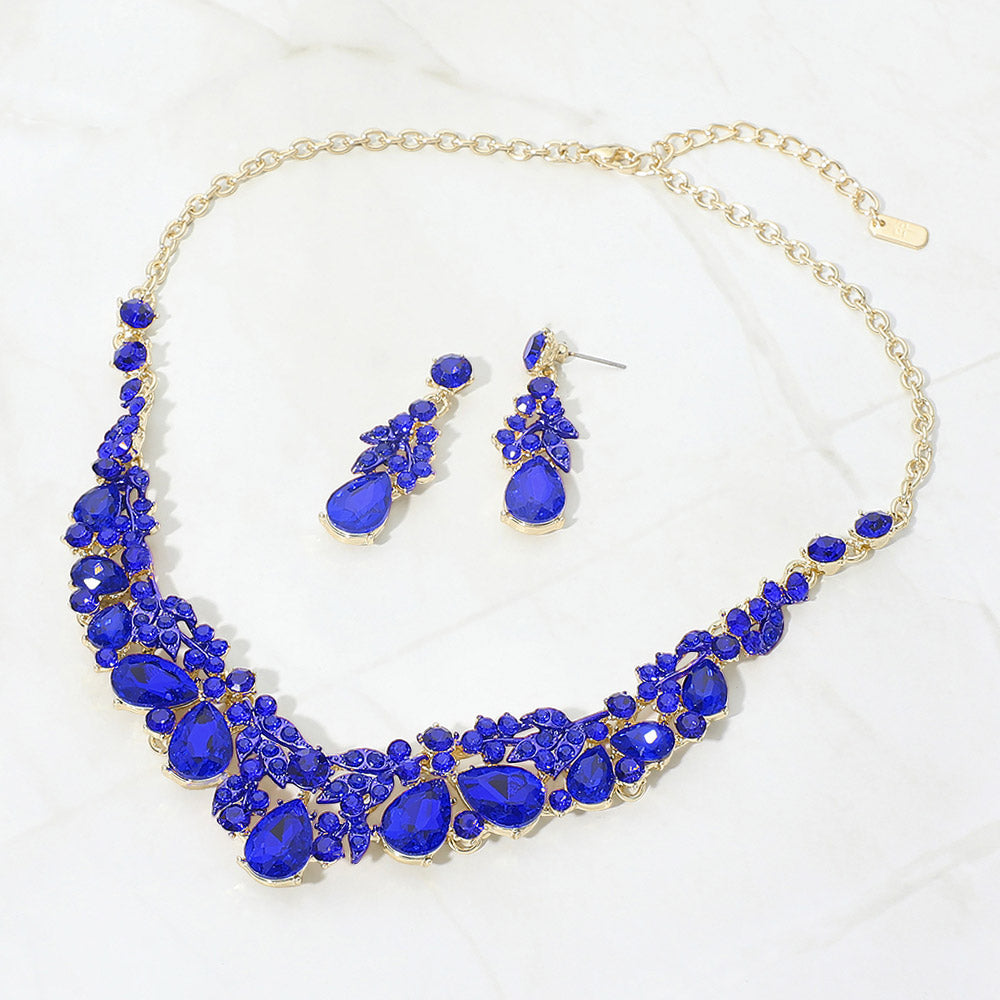 Madeline Love Gold, Sapphire Teardrop Stone Cluster Rhinestone Leaf Vine Evening Necklace
