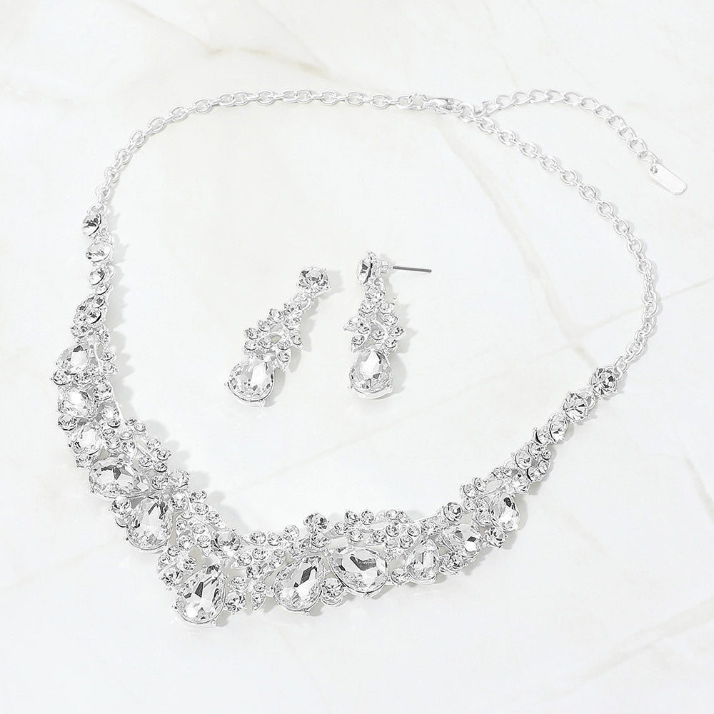 Madeline Love Clear, Silver Teardrop Stone Cluster Rhinestone Leaf Vine Evening Necklace