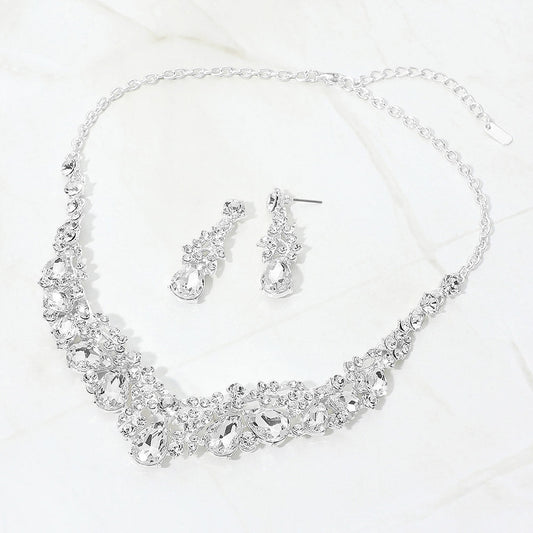 Madeline Love Clear, Silver Teardrop Stone Cluster Rhinestone Leaf Vine Evening Necklace