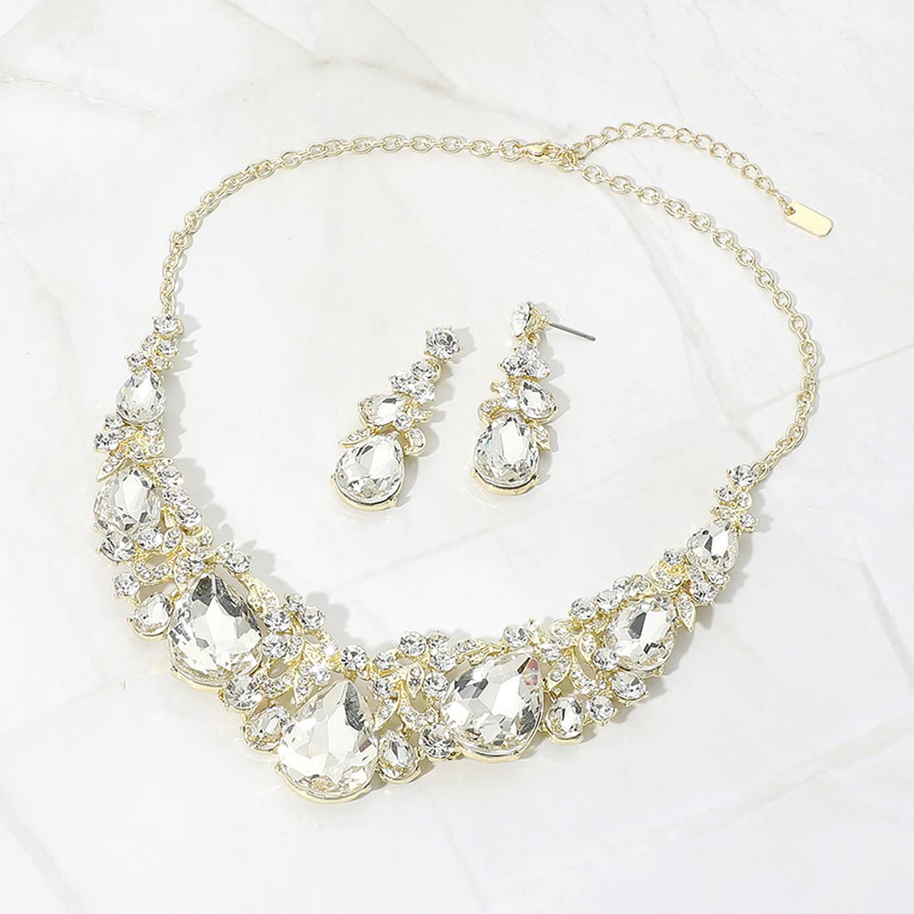 Madeline Love Clear, Gold Bold Teardrop Cluster Embellished Evening Necklace