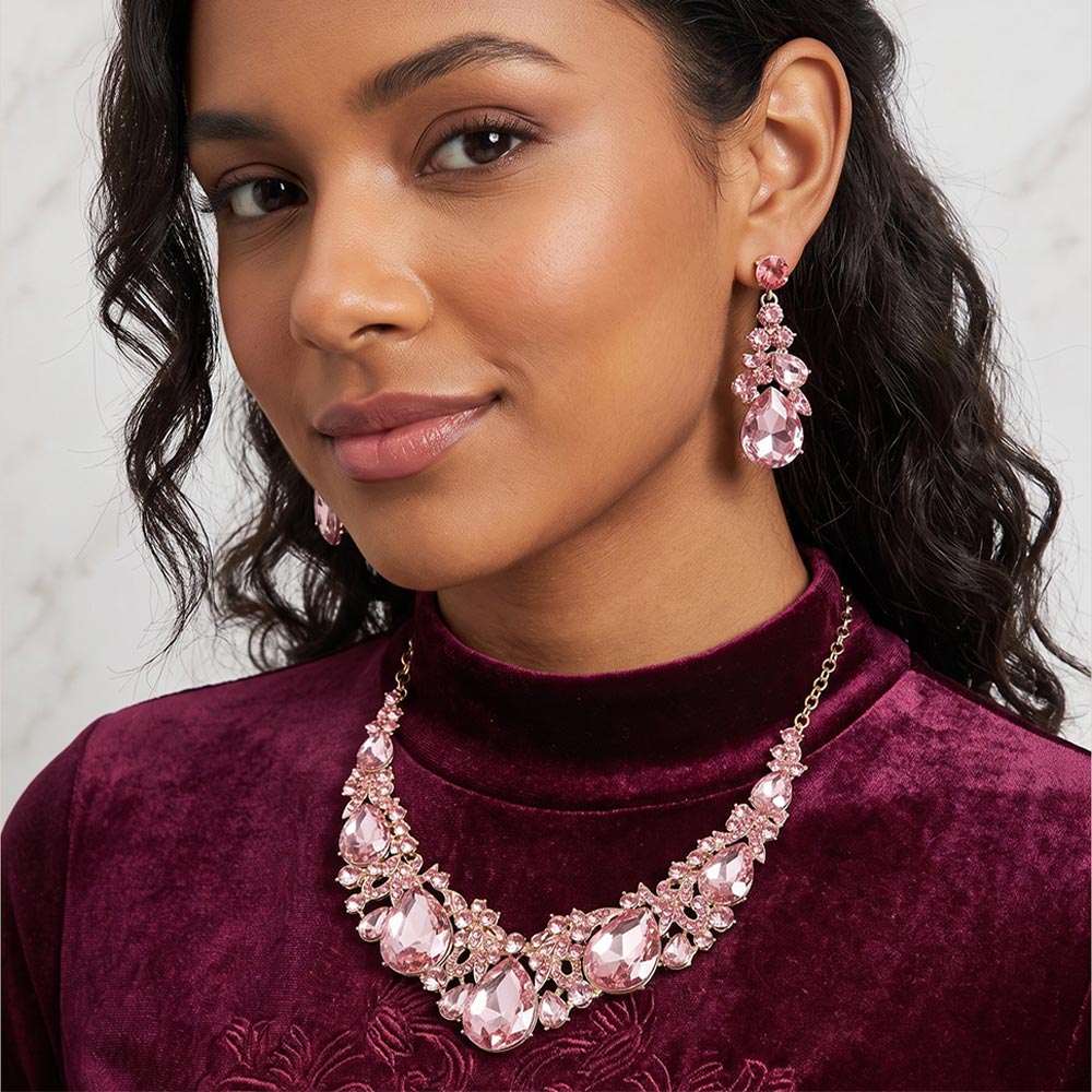 Madeline Love Gold, Lt Rose Bold Teardrop Cluster Embellished Evening Necklace