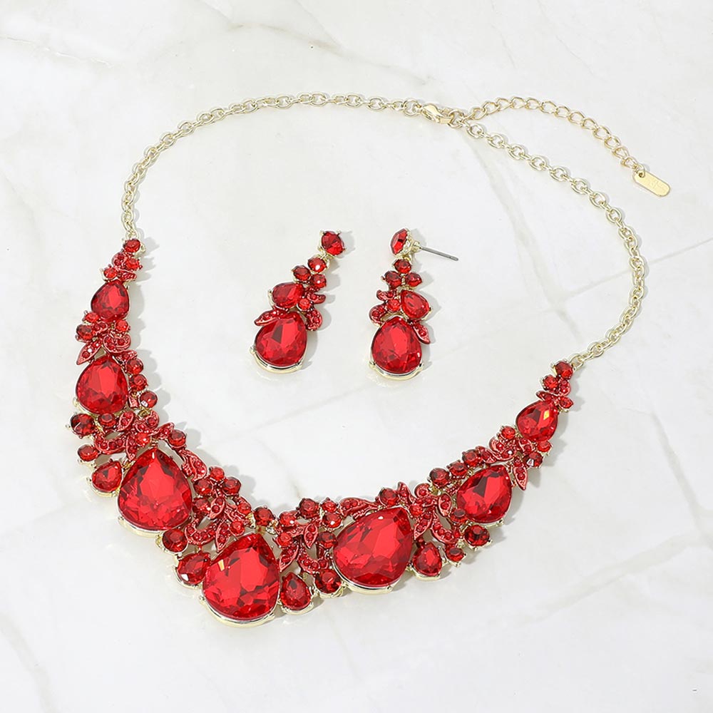 Madeline Love Gold, Red Bold Teardrop Cluster Embellished Evening Necklace