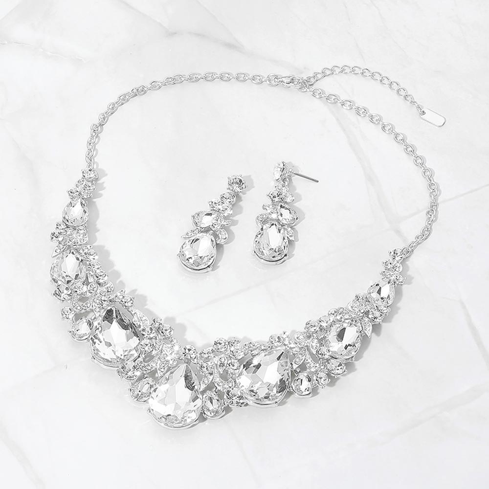 Madeline Love Clear, Silver Bold Teardrop Cluster Embellished Evening Necklace