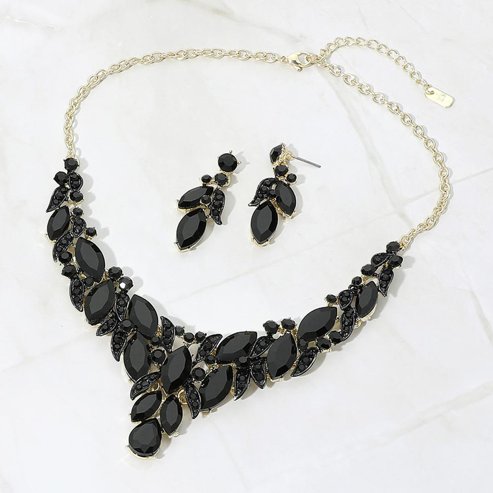 Madeline Love Black, Gold Marquise Stone Cluster Rhinestone Pave Leaf Embellished Evening Necklace