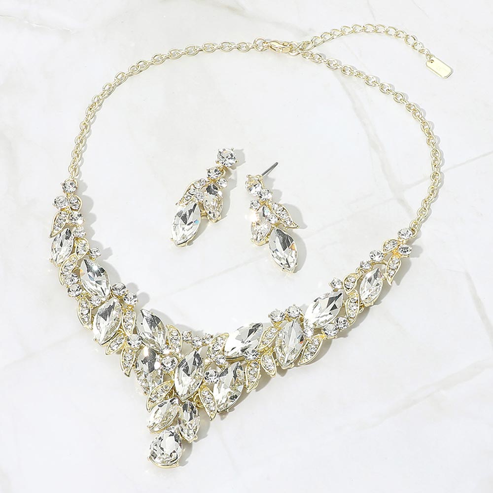 Madeline Love Clear, Gold Marquise Stone Cluster Rhinestone Pave Leaf Embellished Evening Necklace