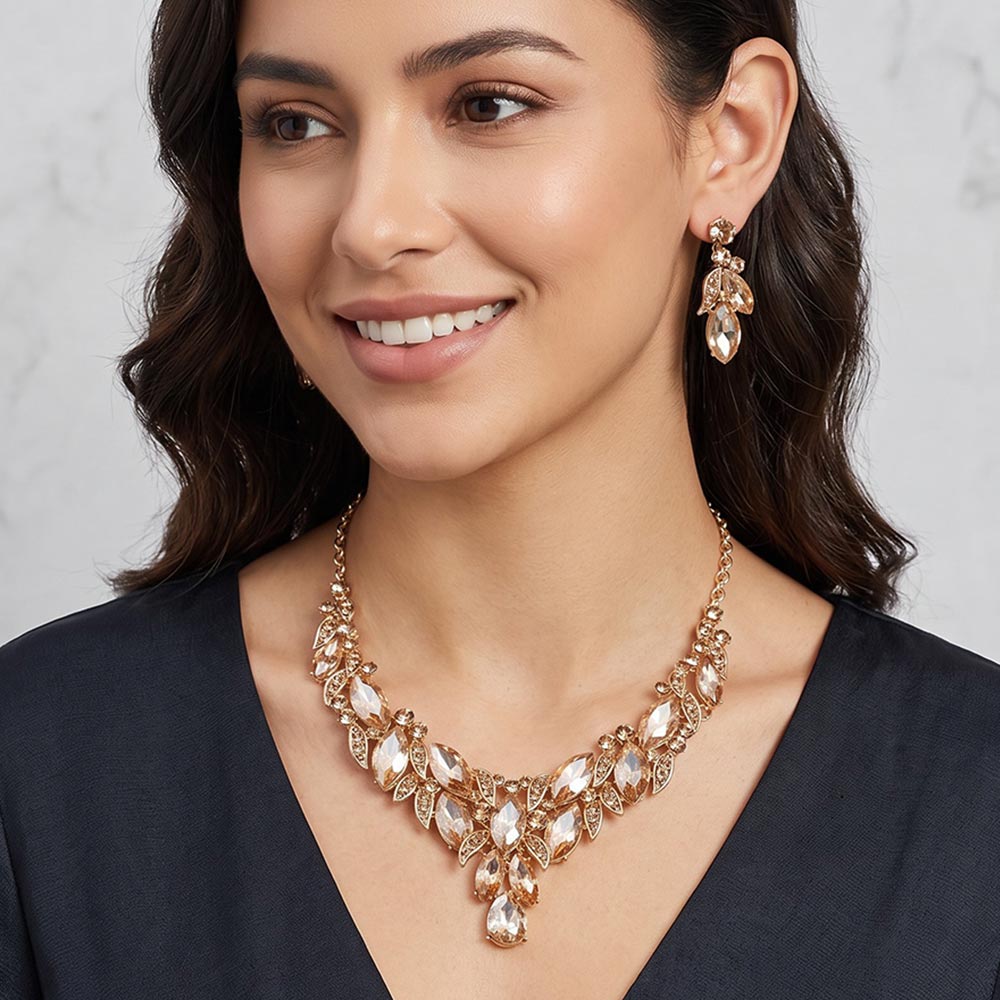 Madeline Love Gold, Lt Col Topaz Marquise Stone Cluster Rhinestone Pave Leaf Embellished Evening Necklace