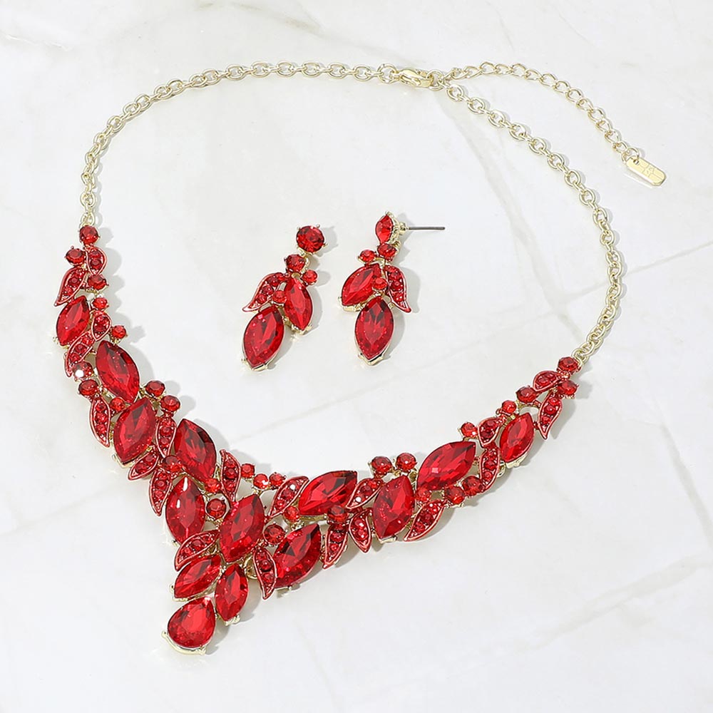 Madeline Love Gold, Red Marquise Stone Cluster Rhinestone Pave Leaf Embellished Evening Necklace