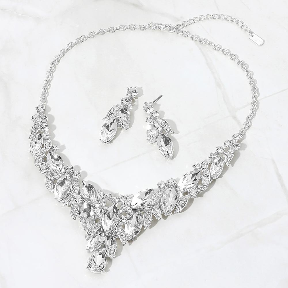 Madeline Love Clear, Silver Marquise Stone Cluster Rhinestone Pave Leaf Embellished Evening Necklace