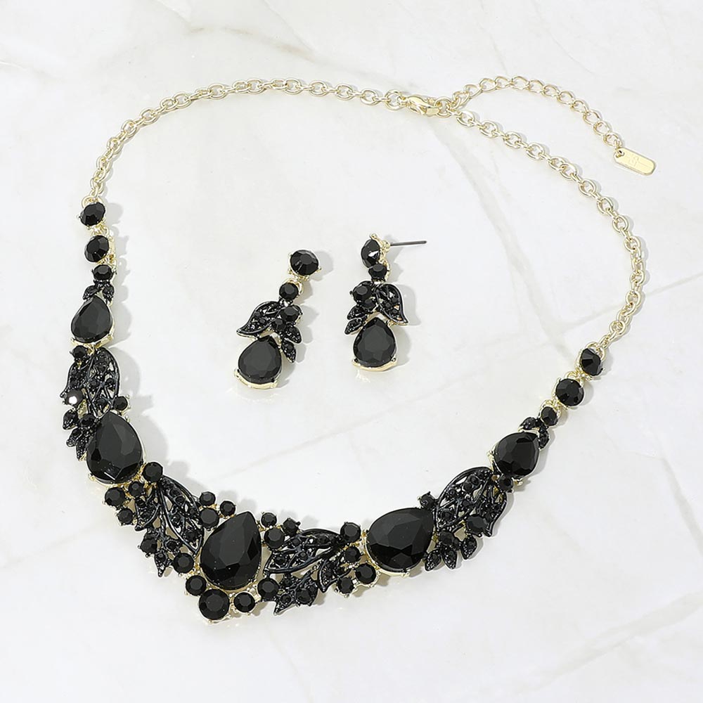 Madeline Love Black, Gold Teardrop Stone Cluster Rhinestone Embellished Evening Necklace