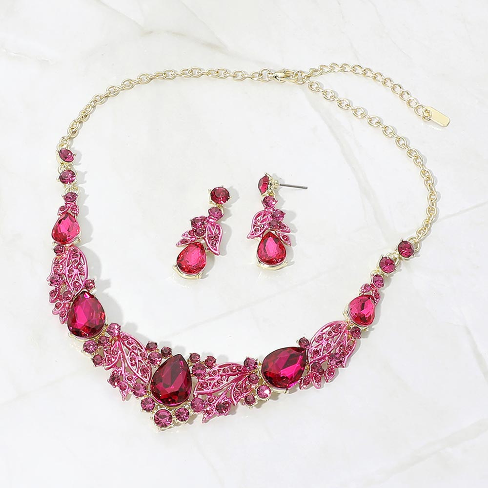 Madeline Love Fuchsia, Gold Teardrop Stone Cluster Rhinestone Embellished Evening Necklace