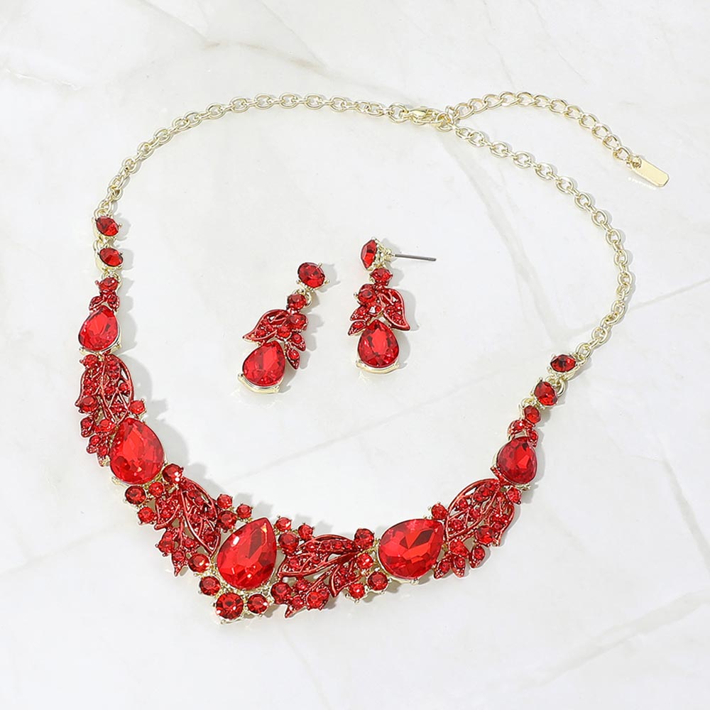 Madeline Love Gold, Red Teardrop Stone Cluster Rhinestone Embellished Evening Necklace