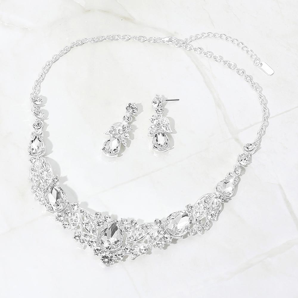 Madeline Love Clear, Silver Teardrop Stone Cluster Rhinestone Embellished Evening Necklace