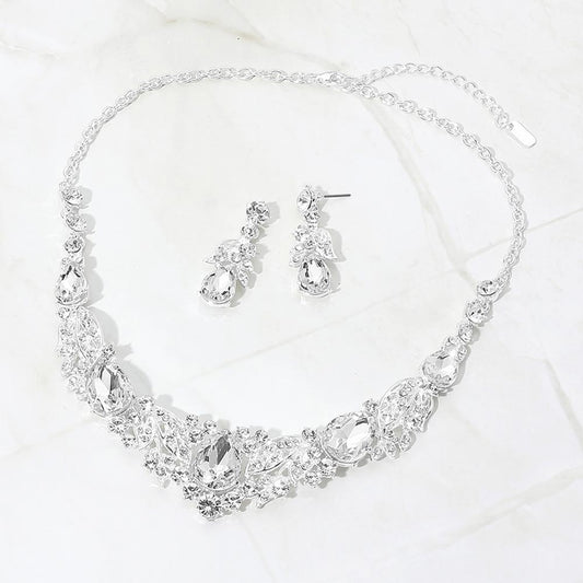 Madeline Love Clear, Silver Teardrop Stone Cluster Rhinestone Embellished Evening Necklace