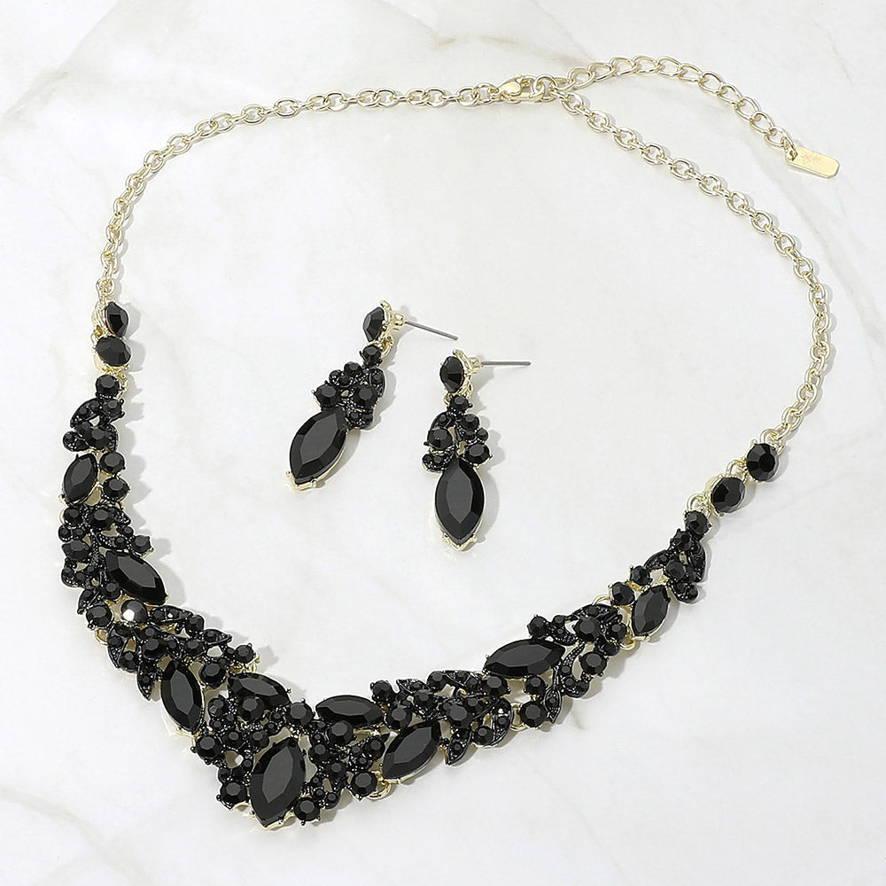 Madeline Love Black, Gold Marquise Stone Cluster Embellished Evening Necklace