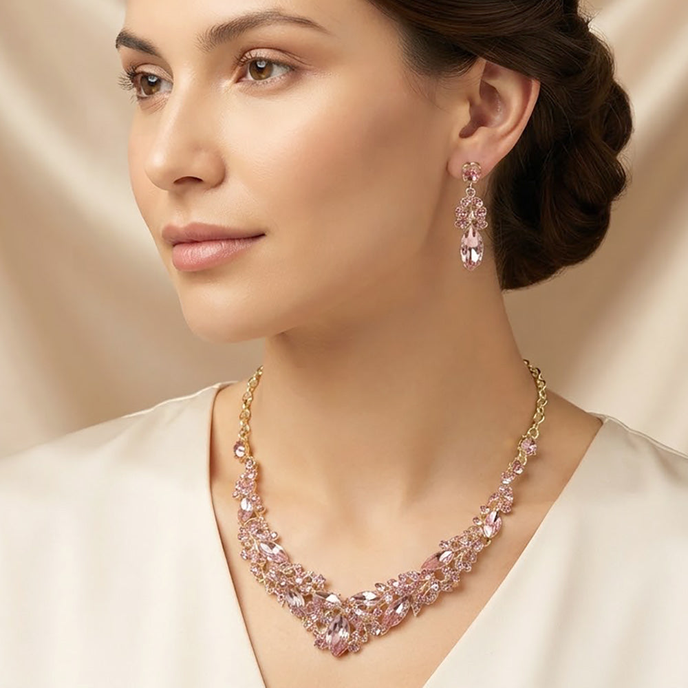 Madeline Love Gold, Lt Rose Marquise Stone Cluster Embellished Evening Necklace